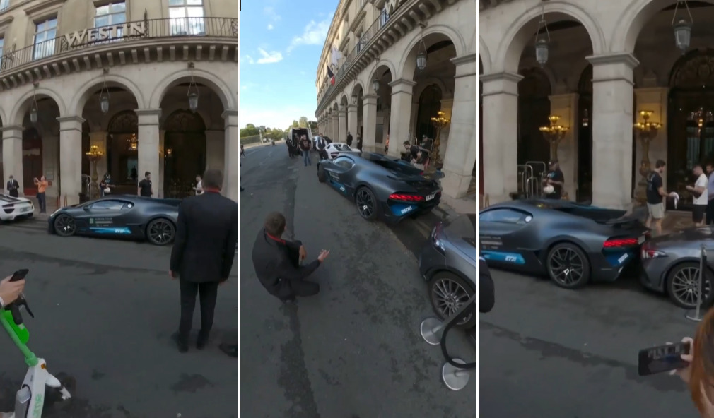 パリの高級ホテル前にてブガッティ・ディーヴォが「バックしすぎて」後ろのベンツにぶつかる！修理代金はどれくらいなんだろうな・・・