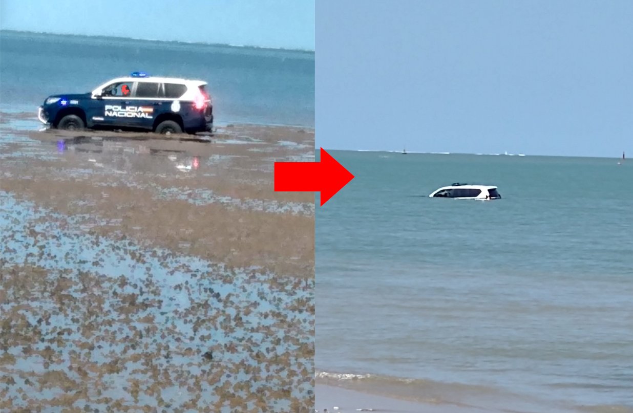 スペインの砂浜にて、警察の所有するランドクルーザーがスタック→満潮にてなすすべもなく水没。引き潮後にようやく救出される