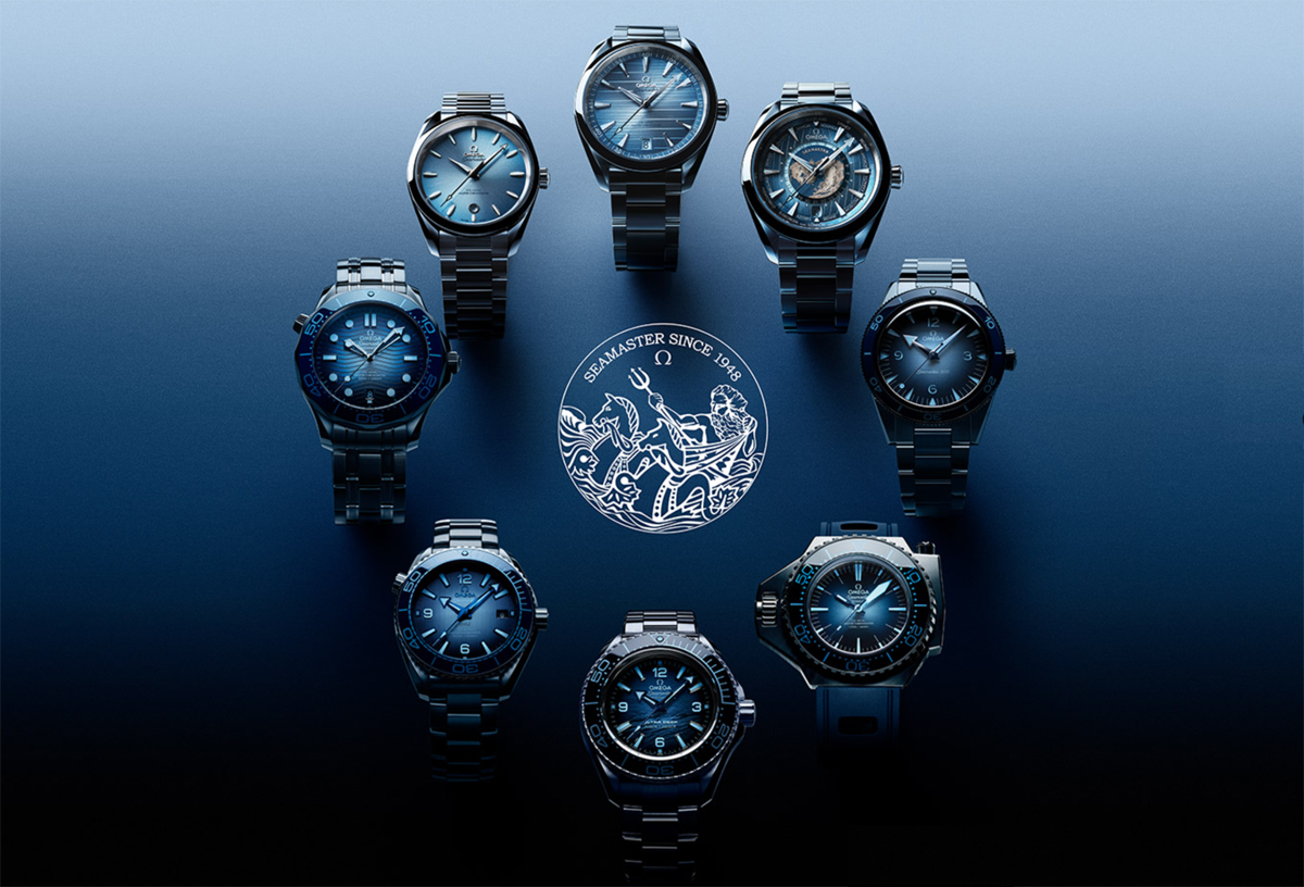 オメガが「シーマスター誕生75周年」を記念し7種11モデルで構成される「サマーブルー」を発表。各腕時計とも専用デザインのブルーグラデ文字盤やハンズを装備