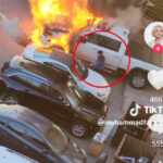 停めていた自身のスバルBRZの横の車が発火。燃え盛る炎の中、危険を顧みずBRZのオーナーが愛車を救う様子が動画に収められる