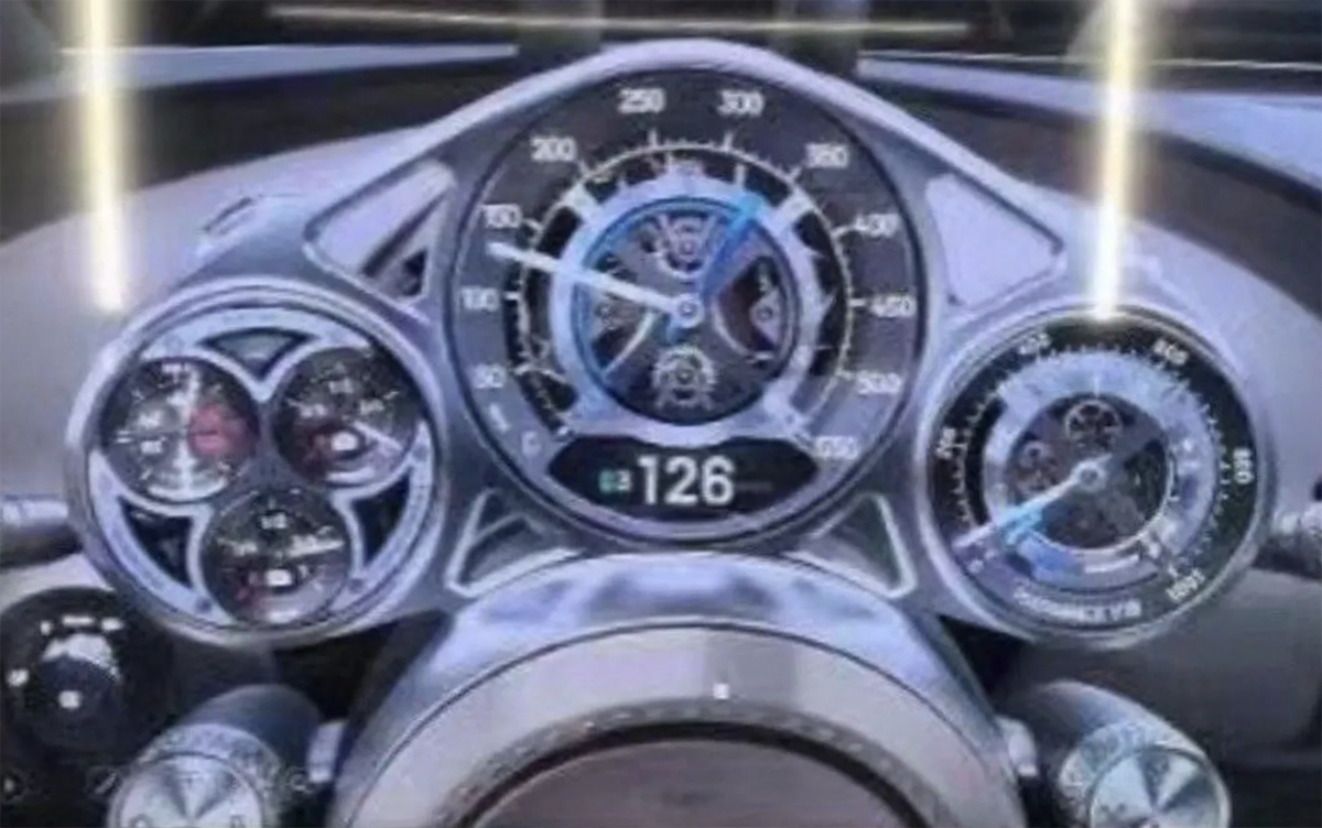 ブガッティ新型ハイパーカーの「機械式高級腕時計を連想させる」メーターパネル画像が流出。まるでオーデマ ピゲやウブロのクロノグラフのようだ