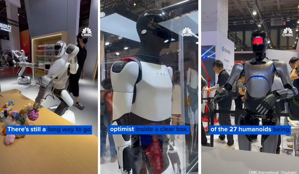 中国にて「世界ロボット会議」開催。27体のヒューマノイドロボットがデモを行う中、テスラボット（オプティマス）のみが透明のケースに微動だにせず収まったままに【動画】