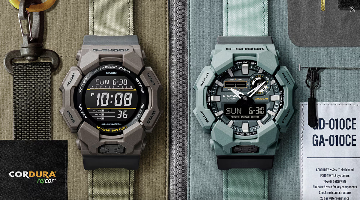 G-SHOCKも「エコ」な時代へ。バイオセラミックに再生糸を使用したコーデュラ素材、そして天然染料を使用した「ビッグケース＋カーボンコアガード」モデルが登場