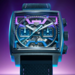 タグ・ホイヤーより「F1のナイトレース」をイメージしたモナコが限定発売。ネオンを模したカラーリング、そしてスケルトンケースバックは「ハーフミラー」