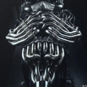 これはもうなにか異形の生物だな・・・。デ・トマソP900の「V12エキゾーストシステム」の形状が自動車パーツとは思えないレベルに達する