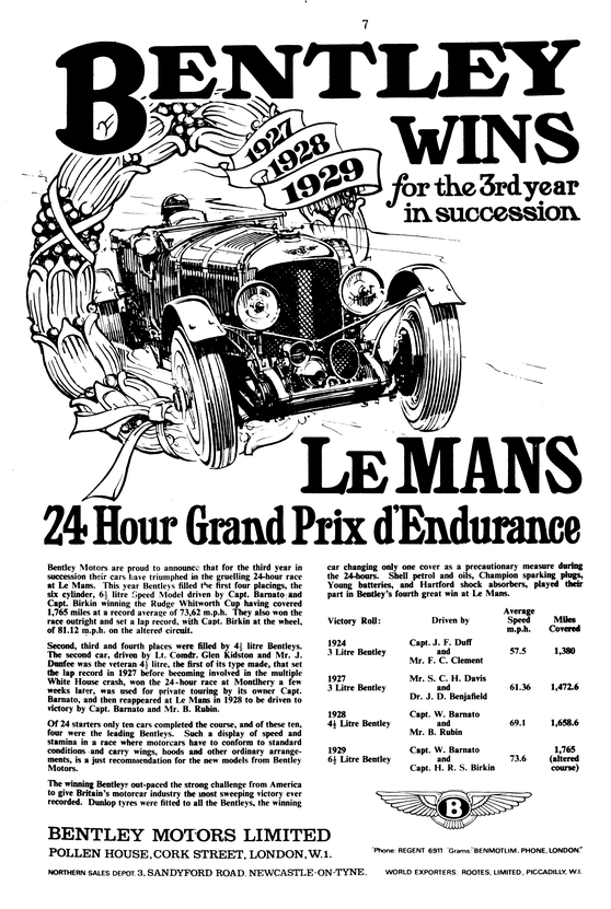 ベントレーが1920年代にル・マン24時間レースで優勝した際の広告