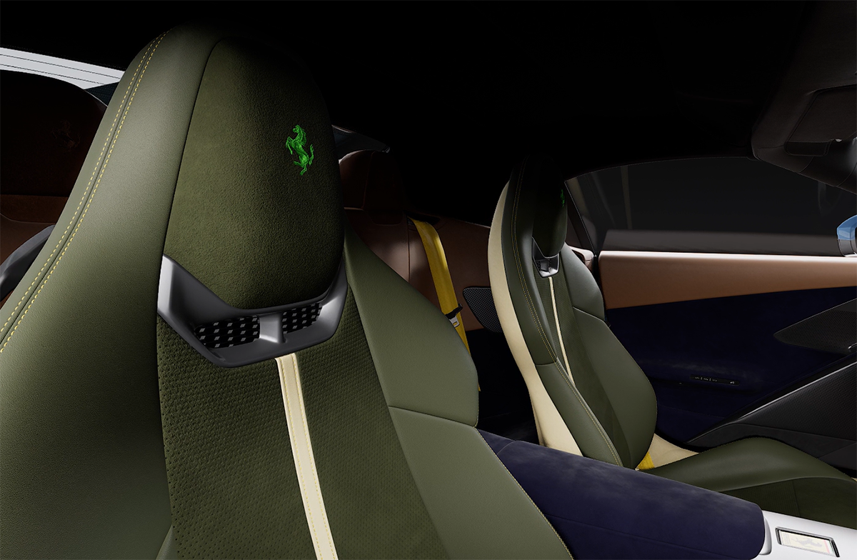 フェラーリ アマルフィ スパイダーのカーコンフィギュレーター～インテリアカラーの選択肢～ヘッドレストの跳ね馬刺繍