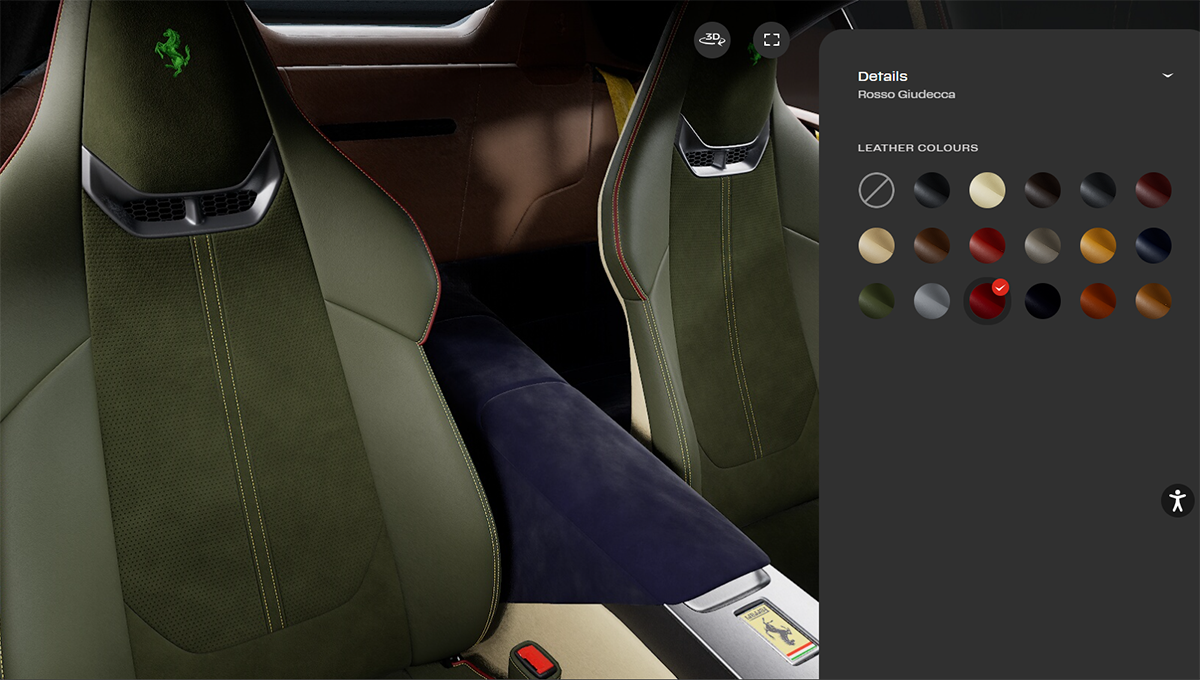 フェラーリ アマルフィ スパイダーのカーコンフィギュレーター～インテリアカラーの選択肢～シートのパイピング