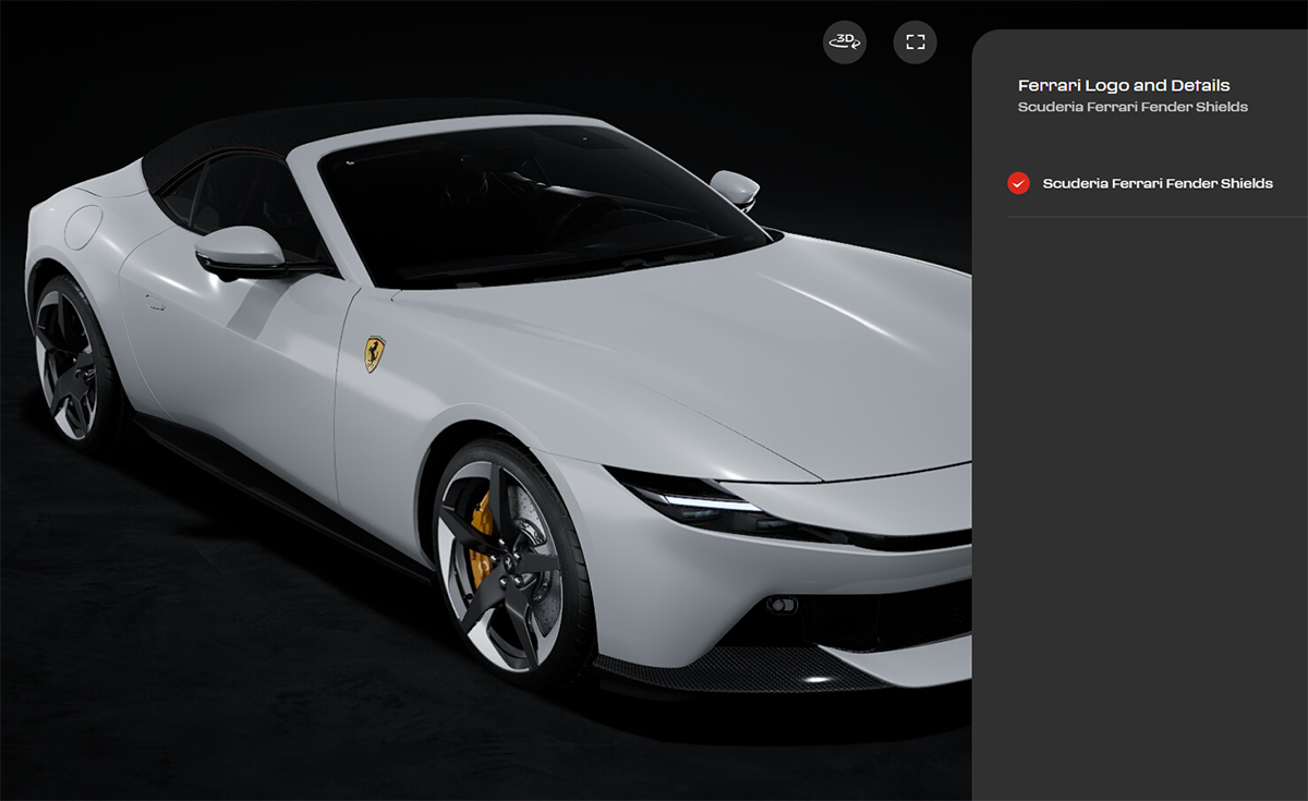 フェラーリ アマルフィ スパイダーのカーコンフィギュレーターフロントフェンダー上のエンブレム