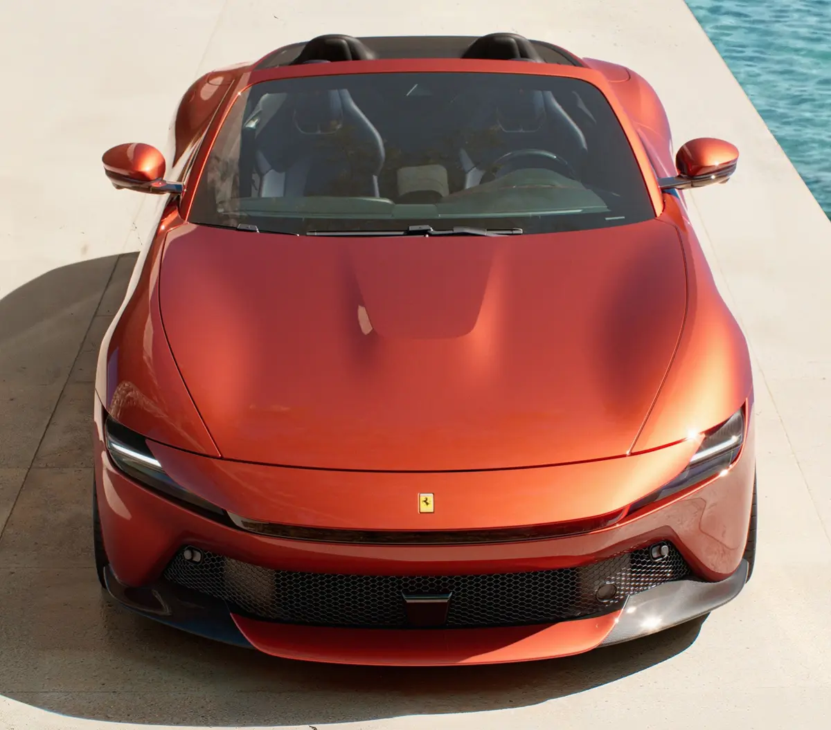 ロッソ・トラモントのフェラーリ・アマルフィ・スパイダー（正面、オープン状態）