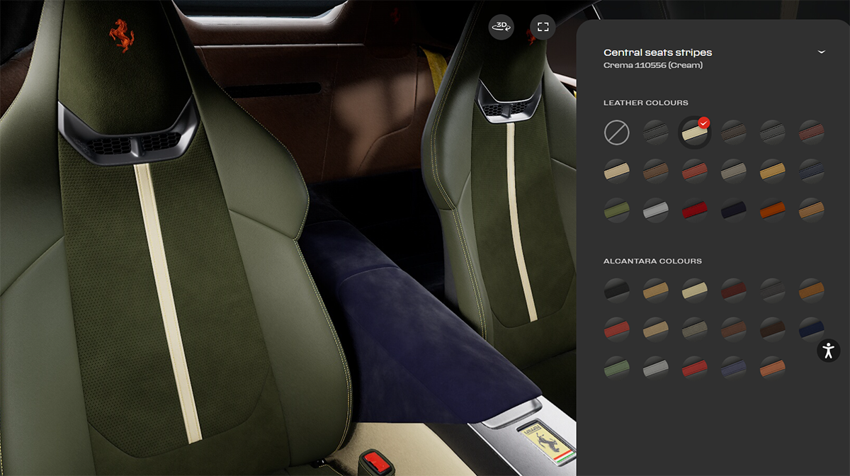 フェラーリ アマルフィ スパイダーのカーコンフィギュレーター～インテリアカラーの選択肢～シートのセンタライン