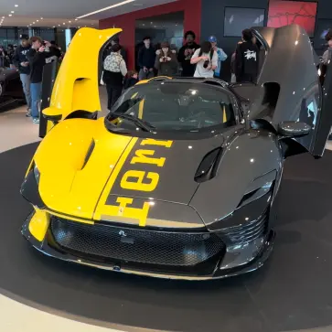 アメリカ・コネチカット州で開催された、フェラーリ デイトナSP3が14台集まったイベントでの1コマ（グレー/イエローのデイトナSP3）