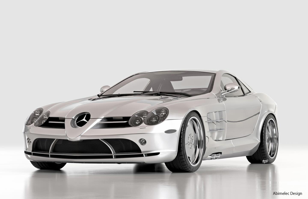 メルセデスSLRマクラーレンにディッシュホイールを装着したレンダリング（斜め前）