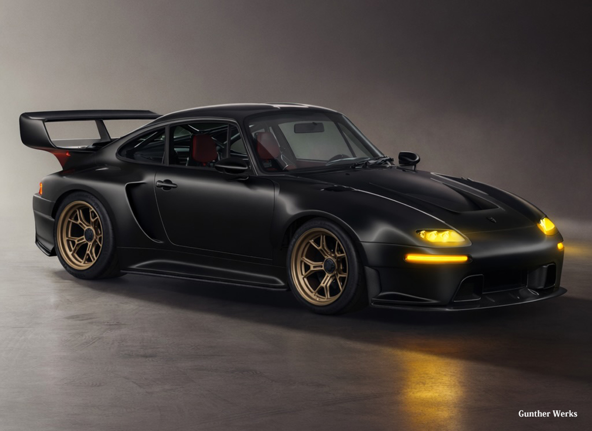 ギュンターワークスによるポルシェ911のレストモッド「ステルスファイターエディション」斜め前（ライトアップ）