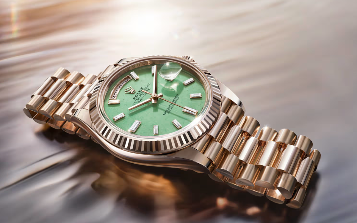 ロレックス・デイデイトの全景（グリーンダイヤル）
