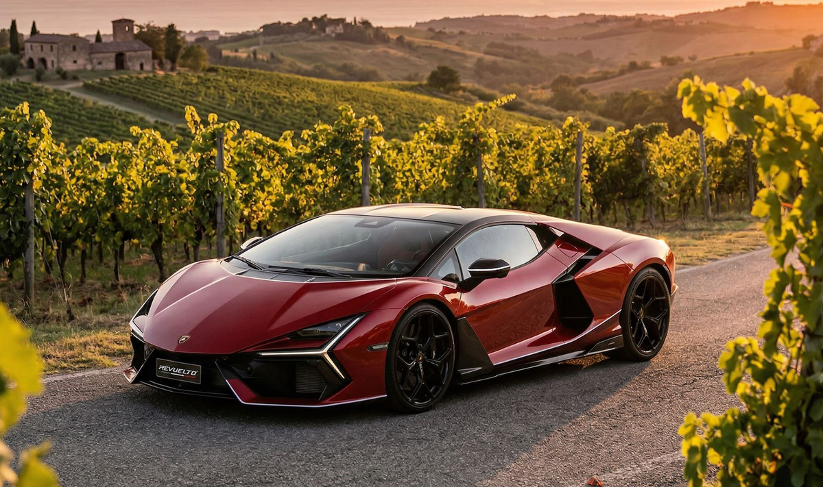 レッドのランボルギーニ・レヴエルト（静止状態、斜め前）