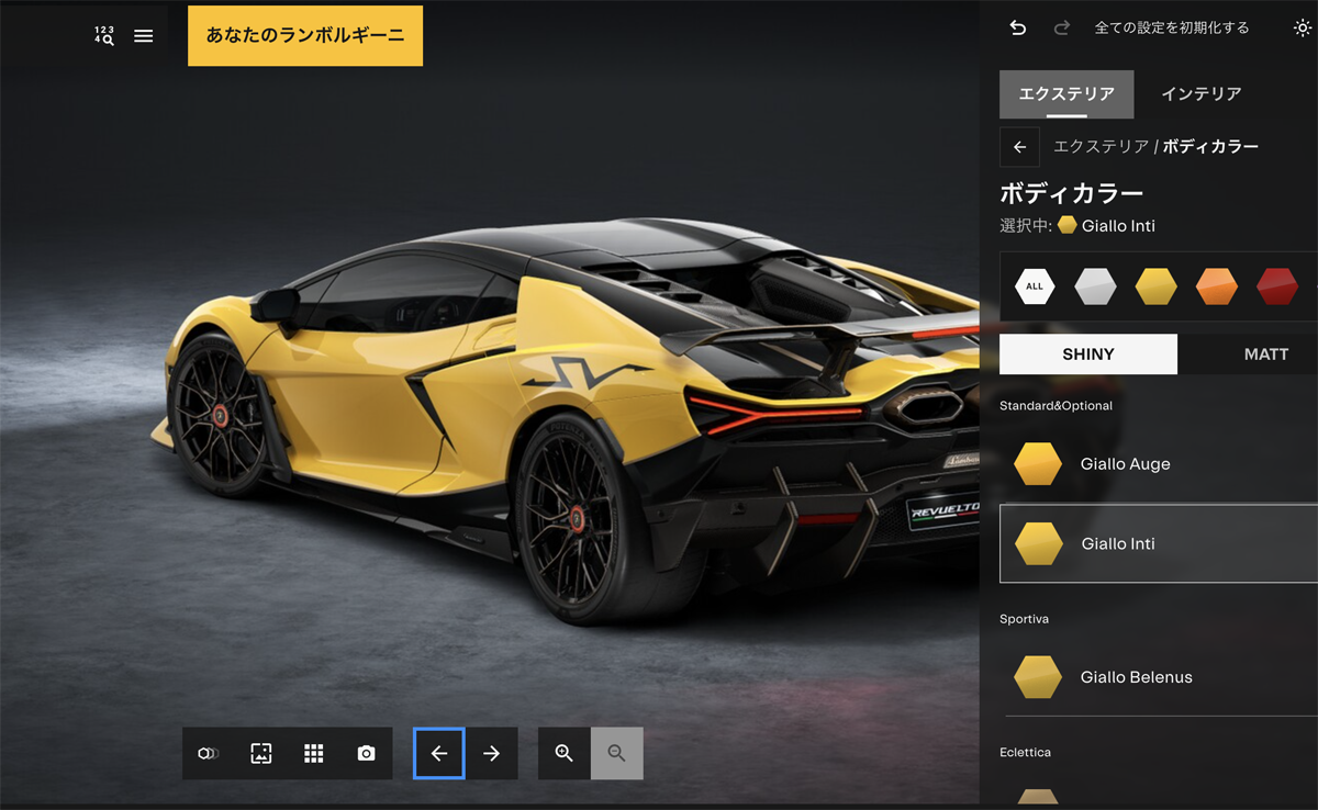 ランボルギーニ　レヴエルトSVのカーコンフィギュレーター画面