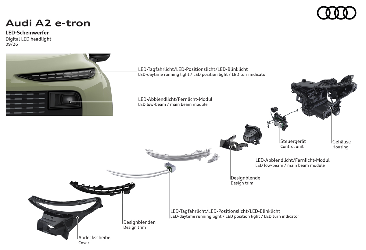 アウディ A2 e-tronの車体構造（ヘッドライト）